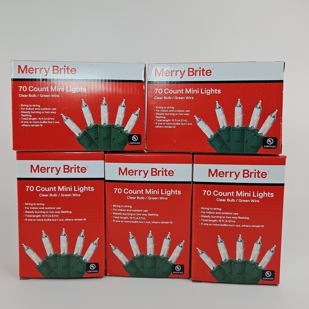 5 Merry Brite 70 Count Mini Christmas Craft Lights‎ Clear Bulbs Green Wire 15ft.